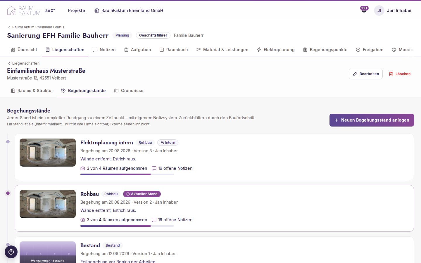 Zeitleiste der Begehungsstände mit Badge „Intern“