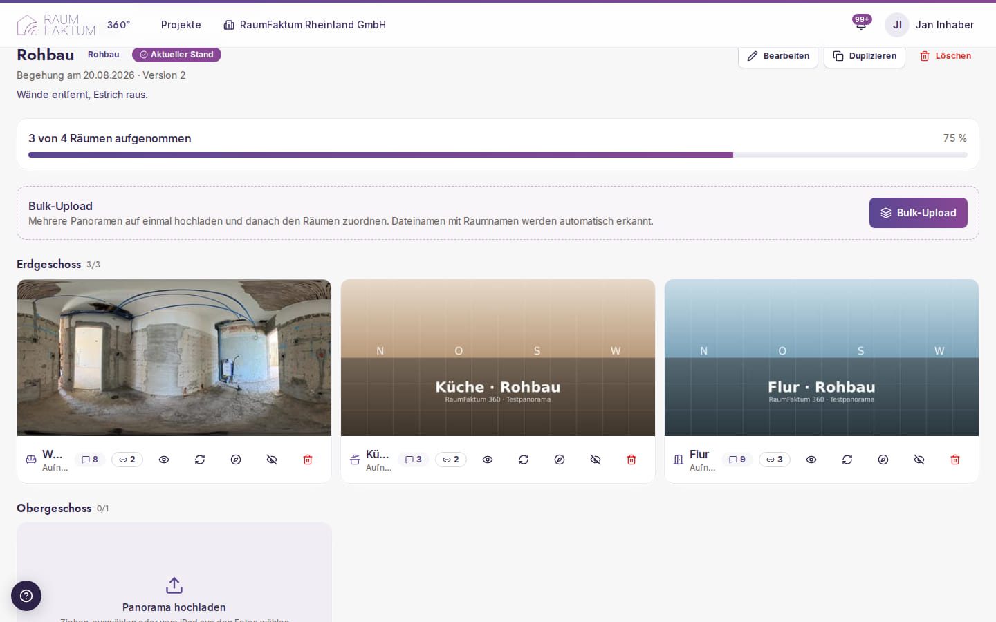Liste der Räume eines Begehungsstands mit Panorama-Vorschauen und Aktionen