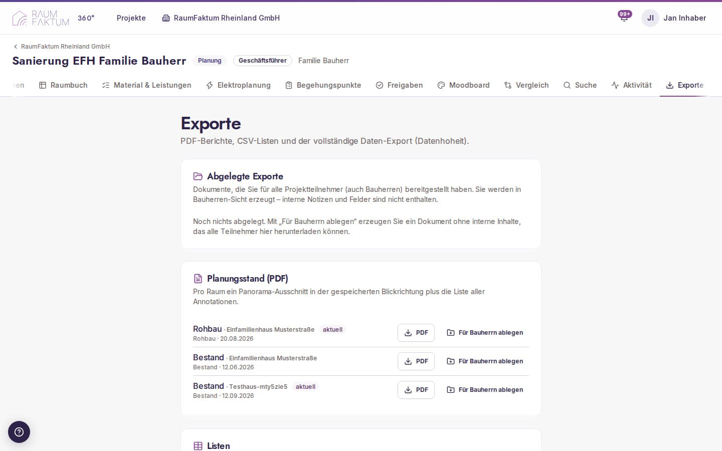 Exportseite eines Projekts