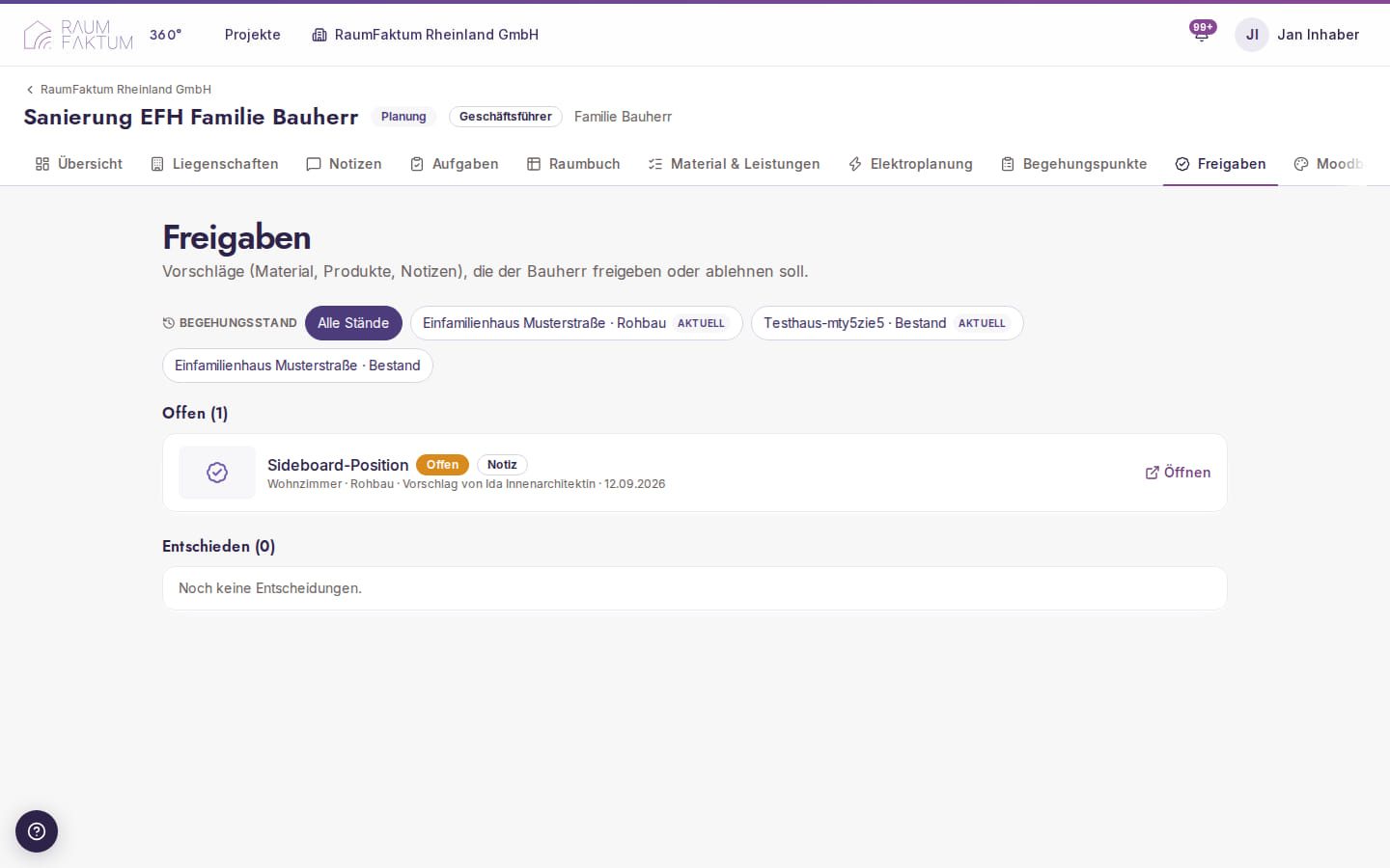 Liste der Freigaben eines Projekts