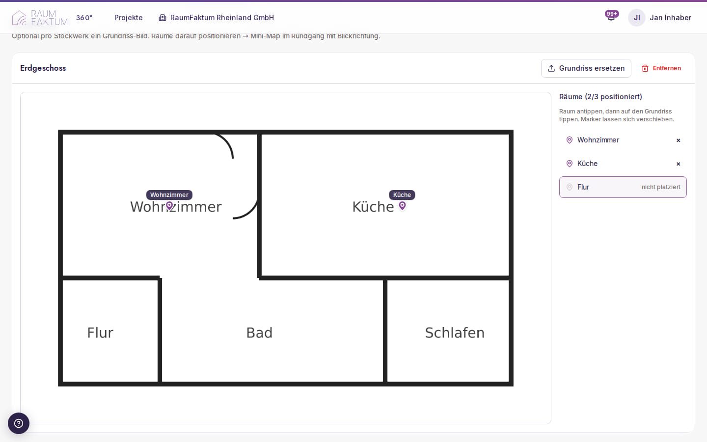 Grundriss einer Etage mit positionierten Räumen
