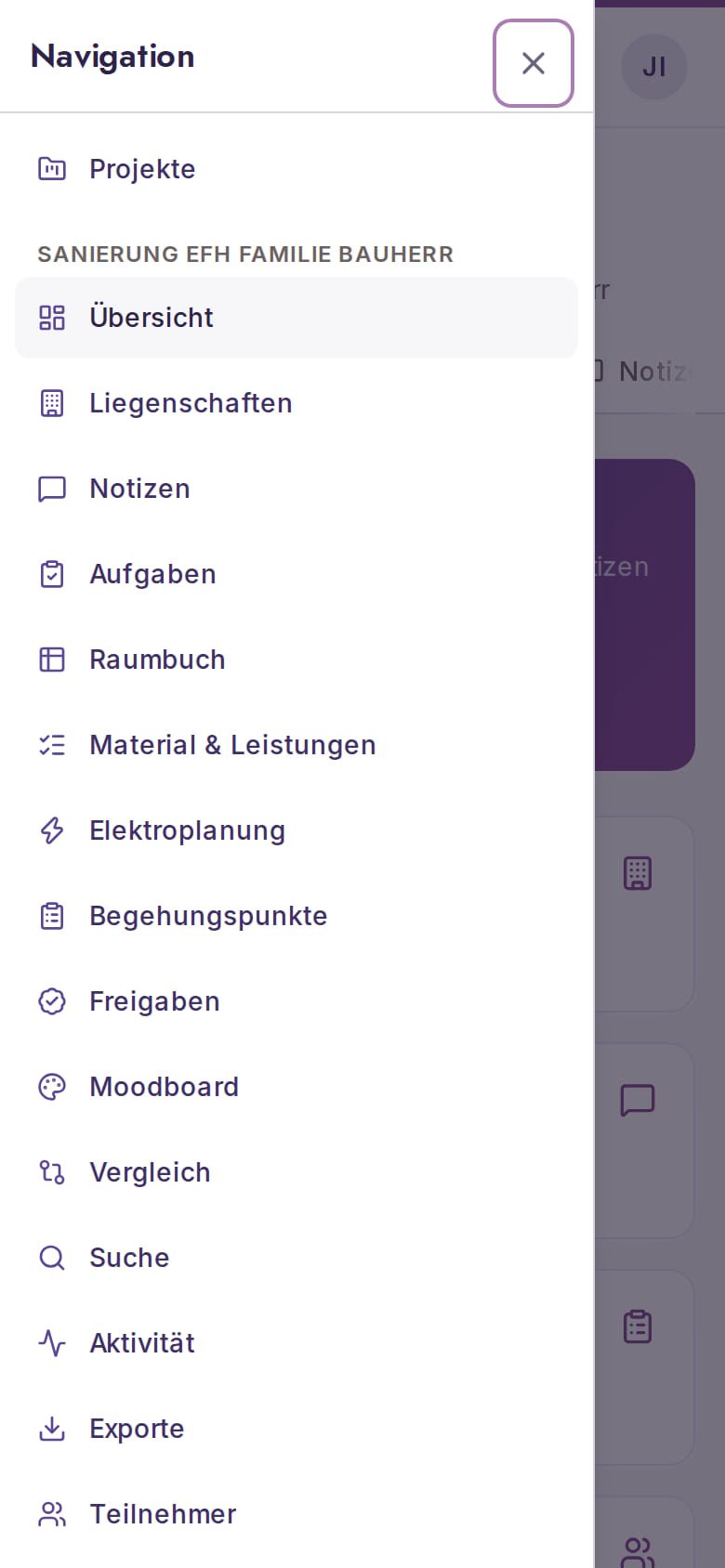 Mobiles Navigationsmenü der Anwendung