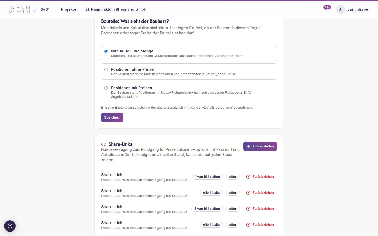 Projekteinstellungen mit Share-Links