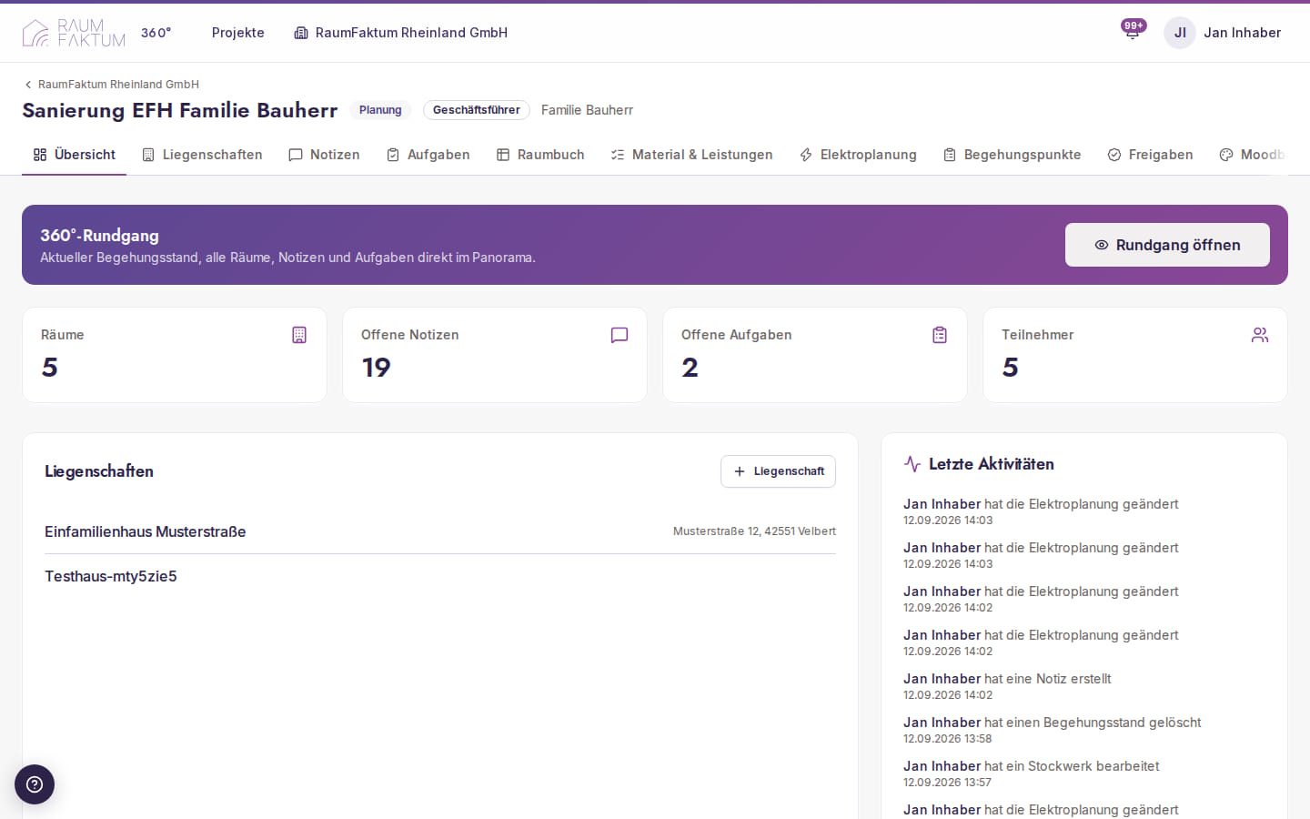 Übersichtsseite eines Projekts