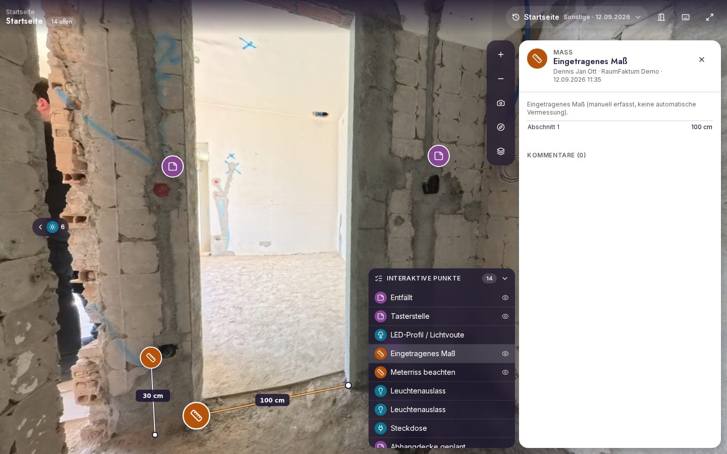 Maßkette im Panorama mit geöffnetem Panel